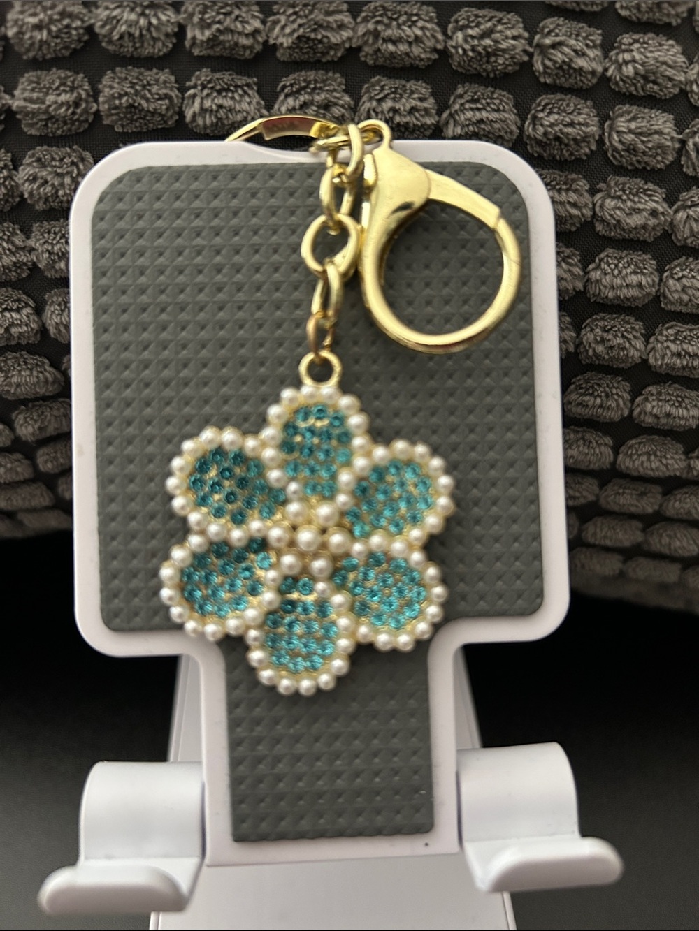 Mint blue jeweled flower bag charm NEW